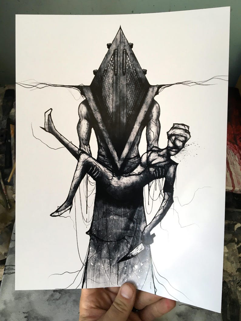 Captivating psychedelic art print featuring Pyramid Head and the Silent Hill Nurse. Unique and mind-bending reimagining of iconic Silent Hill horror figures in vibrant colors. High-quality 9x12 print on premium gloss cover stock, signed for authenticity. Perfect wall art for Silent Hill fans, horror enthusiasts, and collectors of unique video game and movie art.