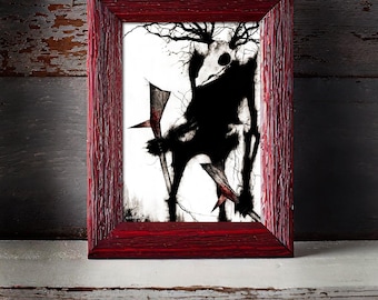 Lámina artística de criatura críptica Wendigo: ilustración de folclore de terror, decoración de pared gótica