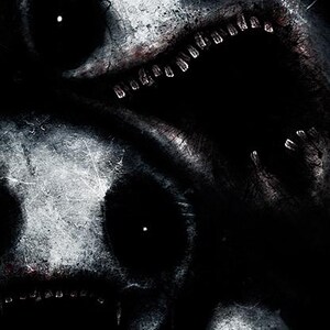 A highly detailed 5x7 art print titled "Something in the Closet" by artist Dave Dick. The composition is densely packed with four grotesque, screaming monster heads with distorted, expressive features emerging from a deep black void. The style is dark surrealism with intricate line work. Printed on heavy gloss paper, the high-contrast black and white aesthetic creates a sense of claustrophobia and haunting mystery, perfect for horror fans and gothic art collectors.