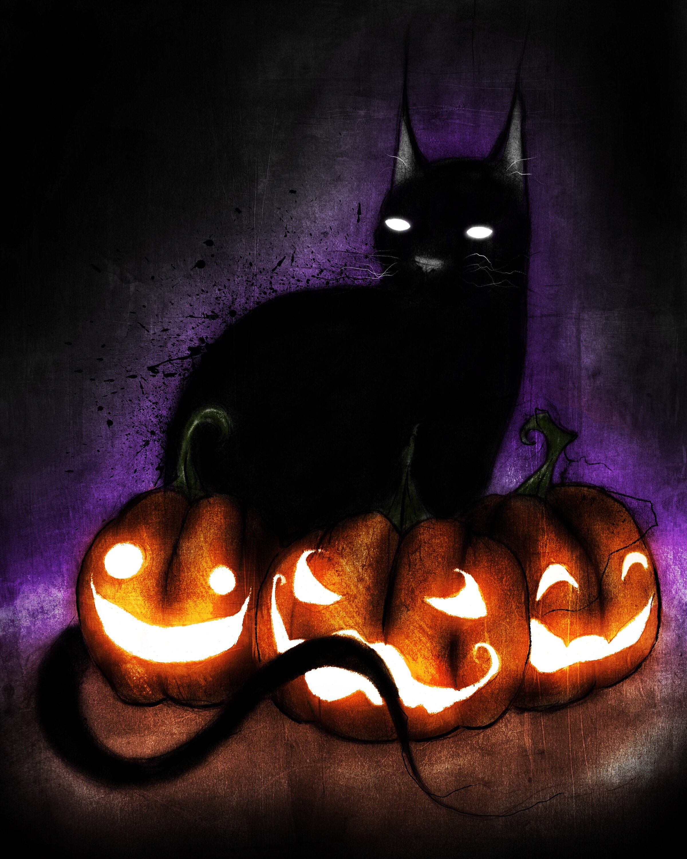 黒猫のハロウィンアートプリント：不気味なジャック・オー・ランタン