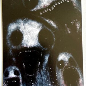 Dark surrealism monster print featuring four screaming heads in a black void, gothic wall decor.