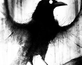 Creepy Crow Art Print - Black & White Raven Illustration, Dark