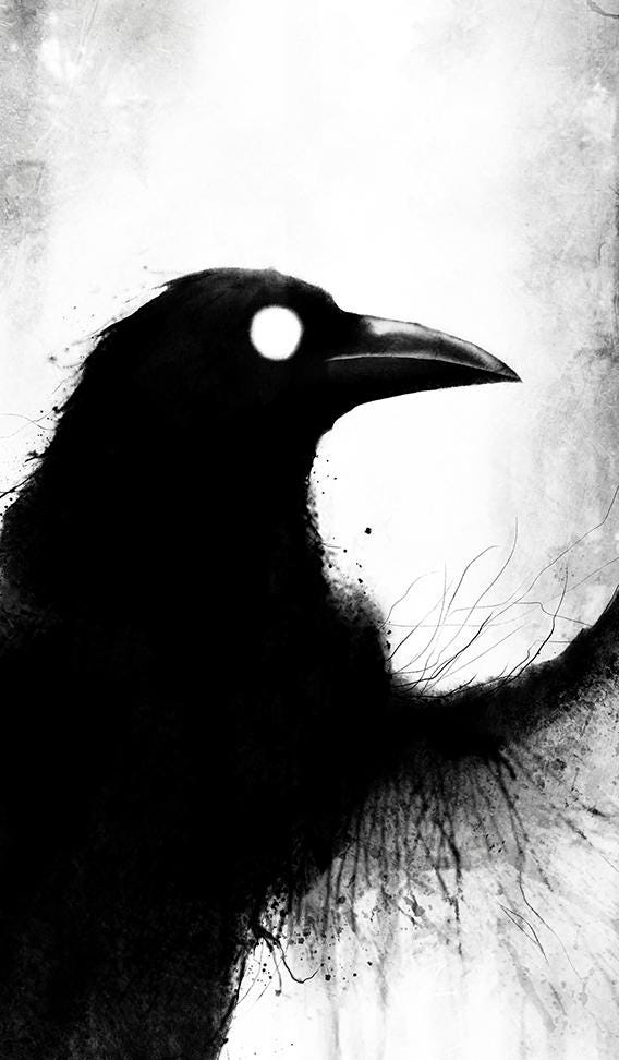 Creepy Crow Art Print - Black & White Raven Illustration, Dark