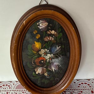 Vintage Hand-Painted Floral Still Life in Oval Wood Frame