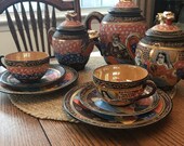 Vintage Satsuma Moriage Porcelain Dragonware Tea Set Made in Japan 1920s - 1940s China Asian Teapot Creamer and Sugar Bowl Japanese Moriage