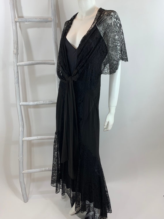Vintage 1930's Black Sheer Lace Gown Sheer Silk Ov