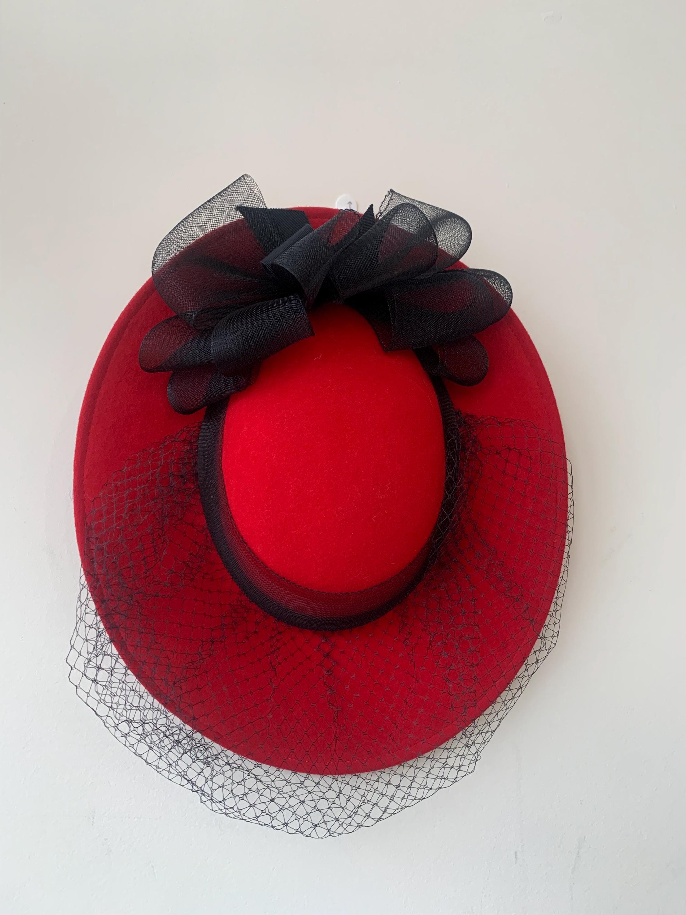 Vintage 1980\'s Sonni San Francisco Red Wool Veiled Hat Black Netting Wide Brim Vintage 1980s Sonni of San Francisco Hat Black Wool & Net  main image 4