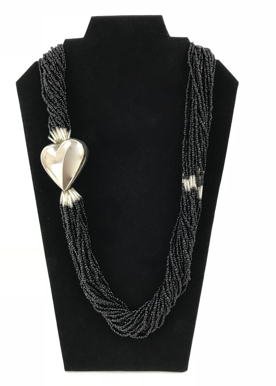 Black Twist Seed Bead and Silver Heart NecklaceMulti Strand Heart NecklaceArt Deco Torsade Necklace
