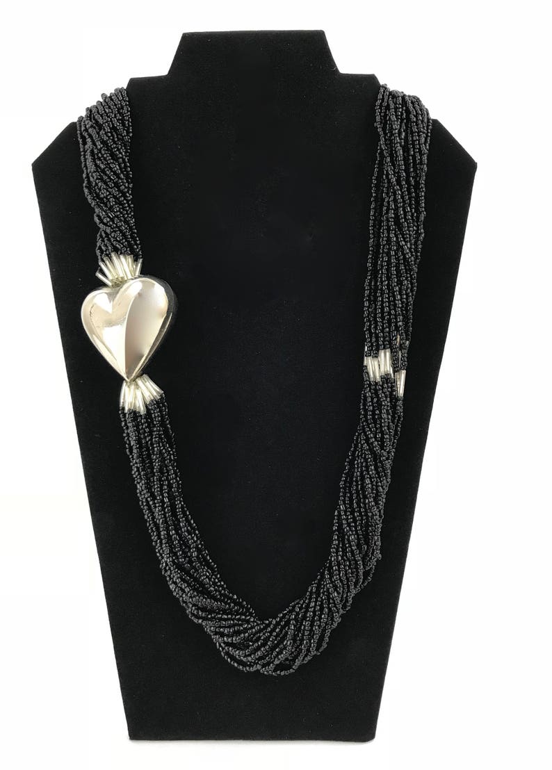 Black Twist Seed Bead and Silver Heart NecklaceMulti Strand Heart NecklaceArt Deco Torsade Necklace