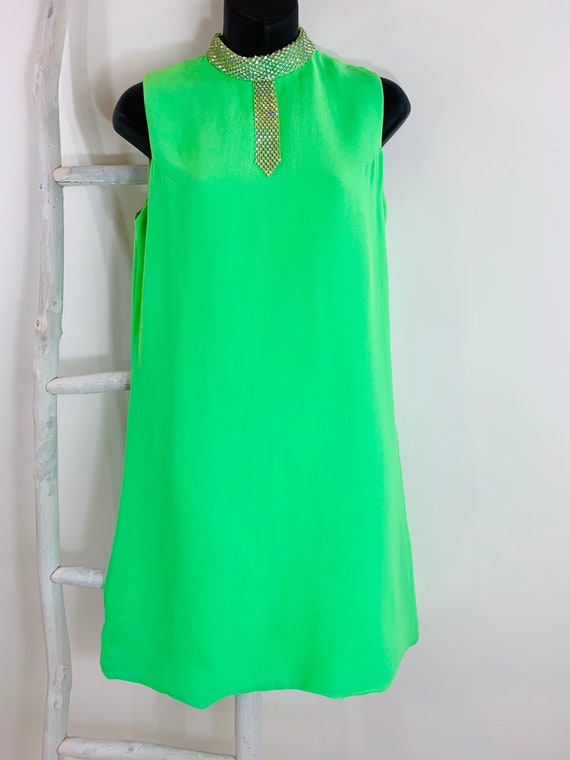 Vintage 1960s Neon Green Cocktail Dress 60s GOGO M