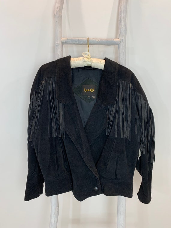 Vintage 80s Black Suede and Leather Fringe Jacket/