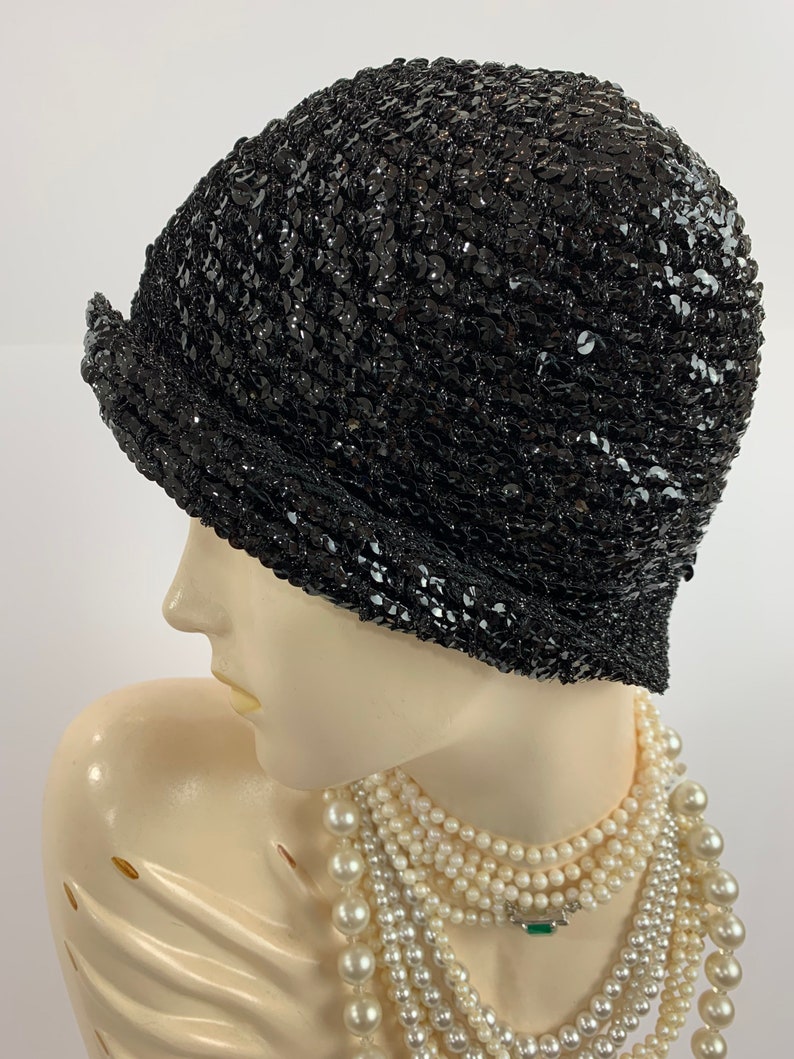 Vintage 1970s Black Lurex Halston Cloche Hat Retro Disco Skull Cap Black Lurex Yarn Shimmery Crochet Designer Hat