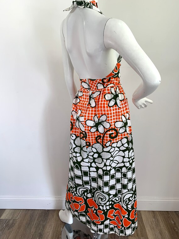 Vintage 70s Morton Myles Cotton Halter Maxi Dress… - image 3