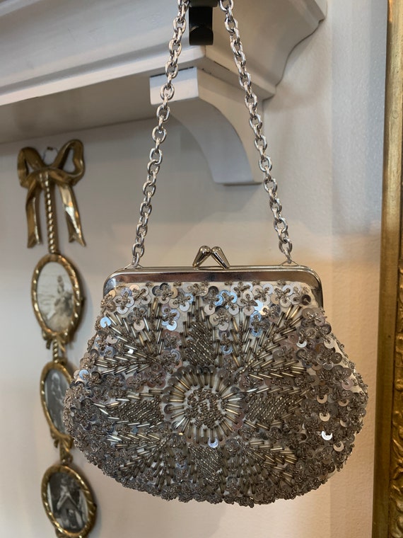 Vintage Silver Beaded Evening Bag 1950s 60s Small
