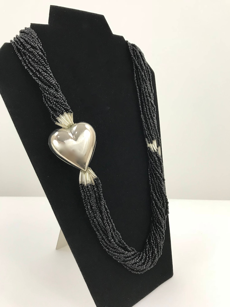 Black Twist Seed Bead and Silver Heart NecklaceMulti Strand Heart NecklaceArt Deco Torsade Necklace