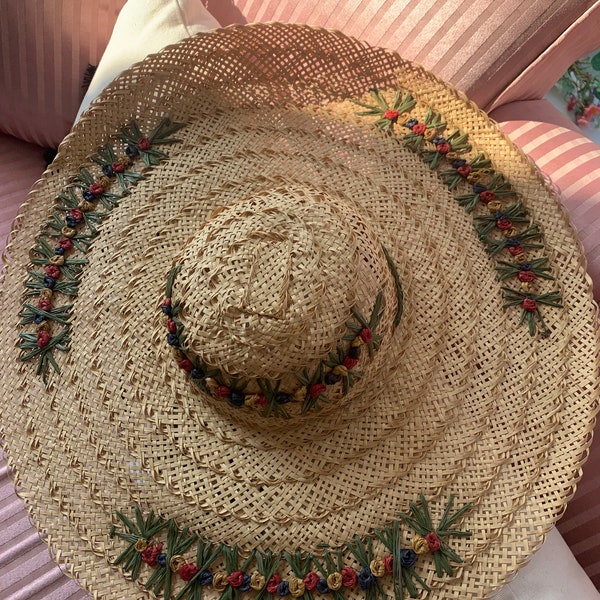 1940s Straw Hat 1930’s Summer Hat Vintage Boater Hat Cartwheel Hat Skimmer Hat