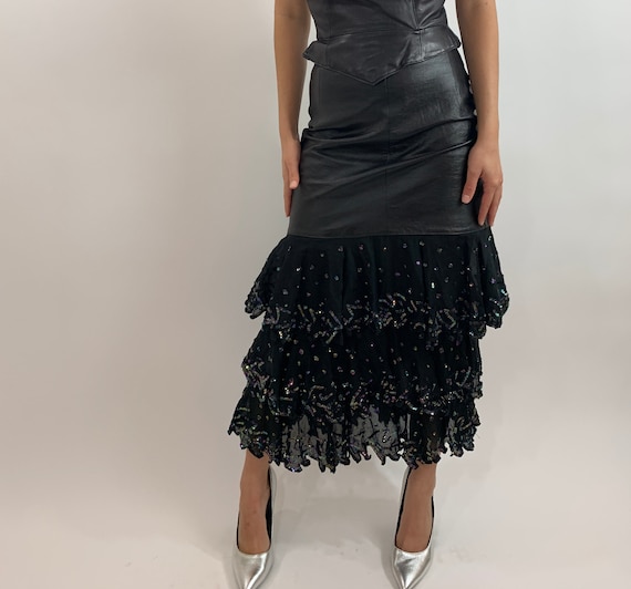 Vintage 80s Leather and Tulle Skirt/Tiered Tulle a