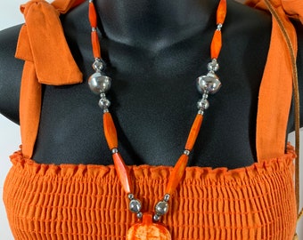 Vintage Dyed Horn Pendant Necklace/1970's Orange and Silvertone Bead Horn Statement Necklace