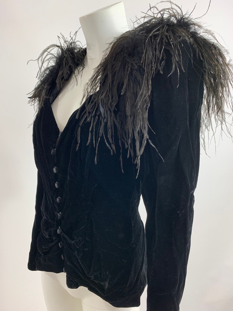 Vintage 1980s Black Ostrich Shoulder Silk Velvet JacketHoliday Black Velvet JacketEvening Velvet and Ostrich Feather JacketRuched Velvet