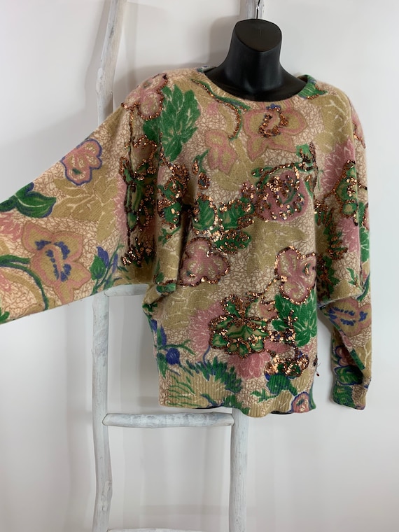 80s Oversized Sweater 1980's Abstract Floral Sequi
