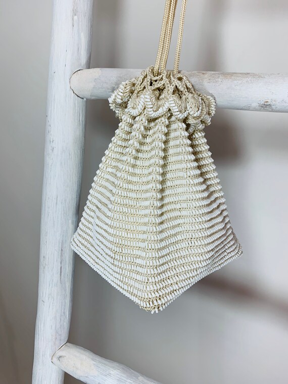 Vintage 1950s Crochet Bead Pouch Sack Purse 1960's