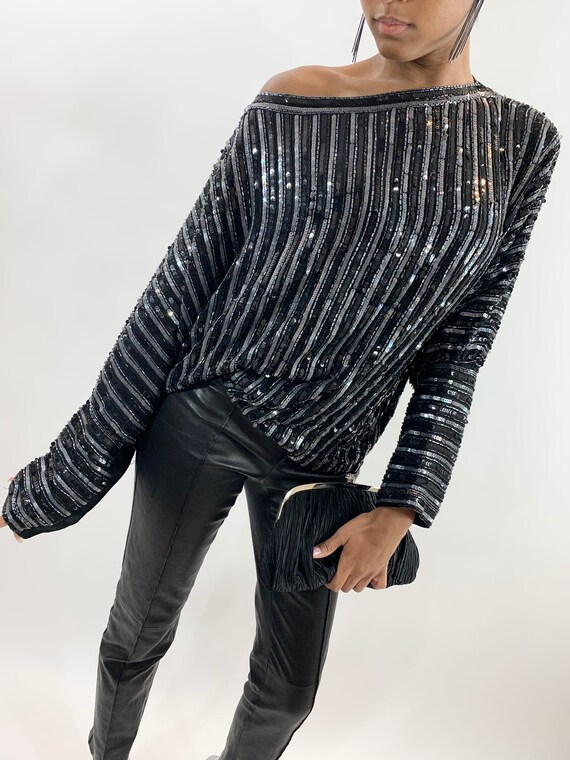 Vintage Silver Black Sequin Stripe Batwing Sleeve 