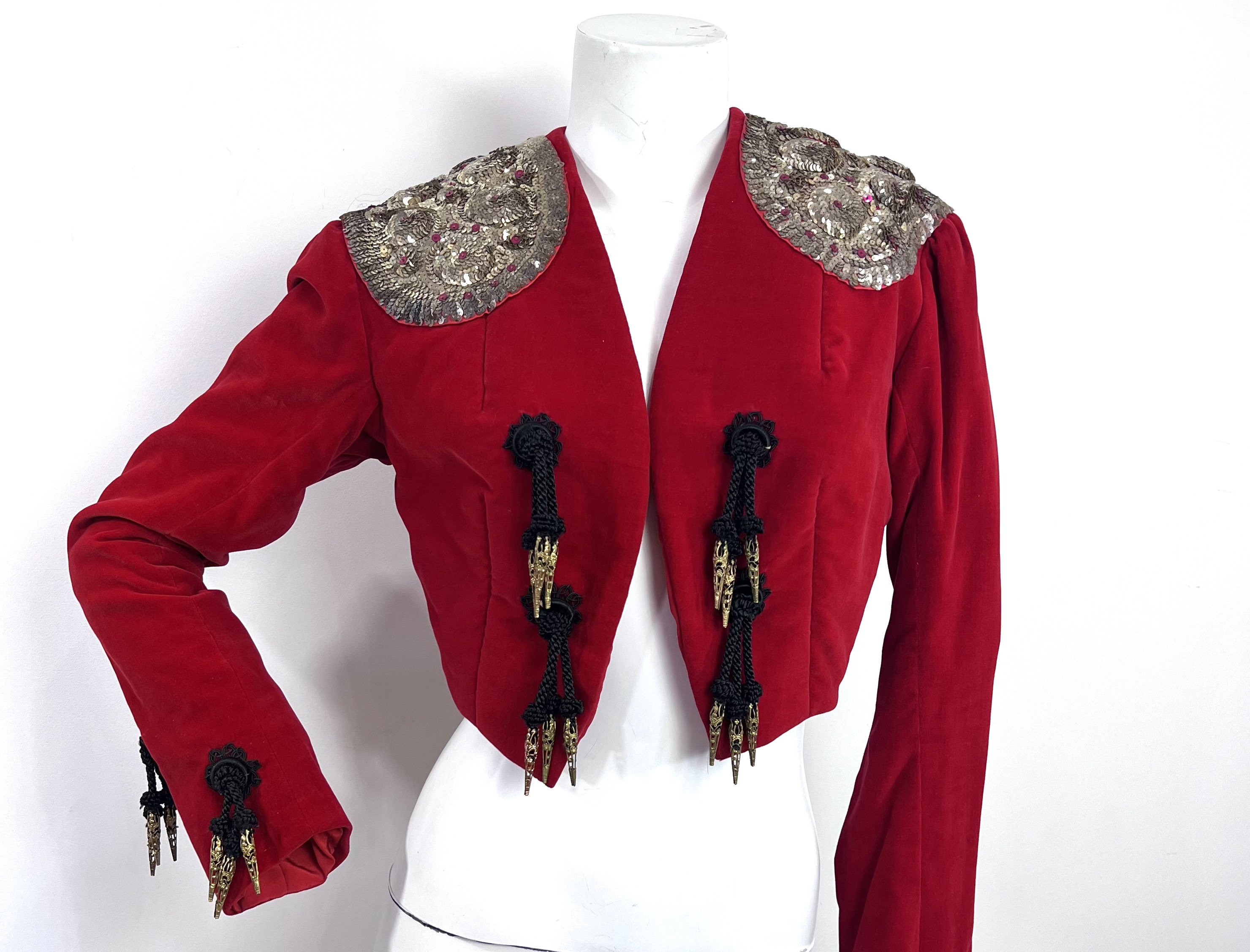 Vintage 1940 s H. Cornejo Cropped Jacket 40 s Red Velvet Spanish Matador Jacket