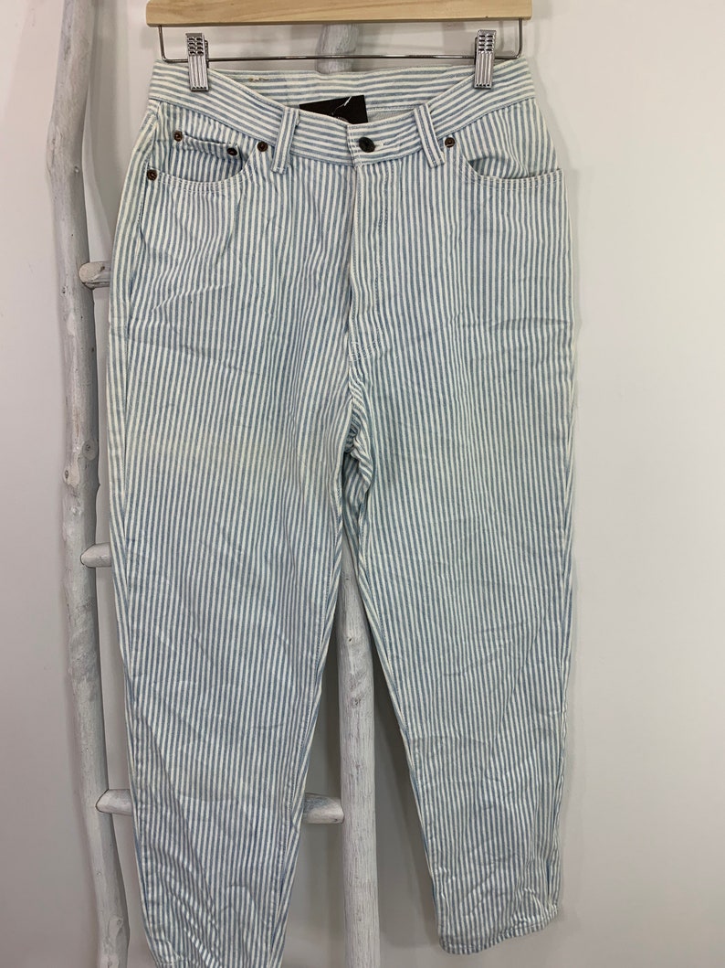 Vintage 1980s Levis 501 Button Fly Engineer Stripe Jeans Levis 17501 Striped Denim Five Pocket Jeans High Waist Railroad Stripe Made USA image 1