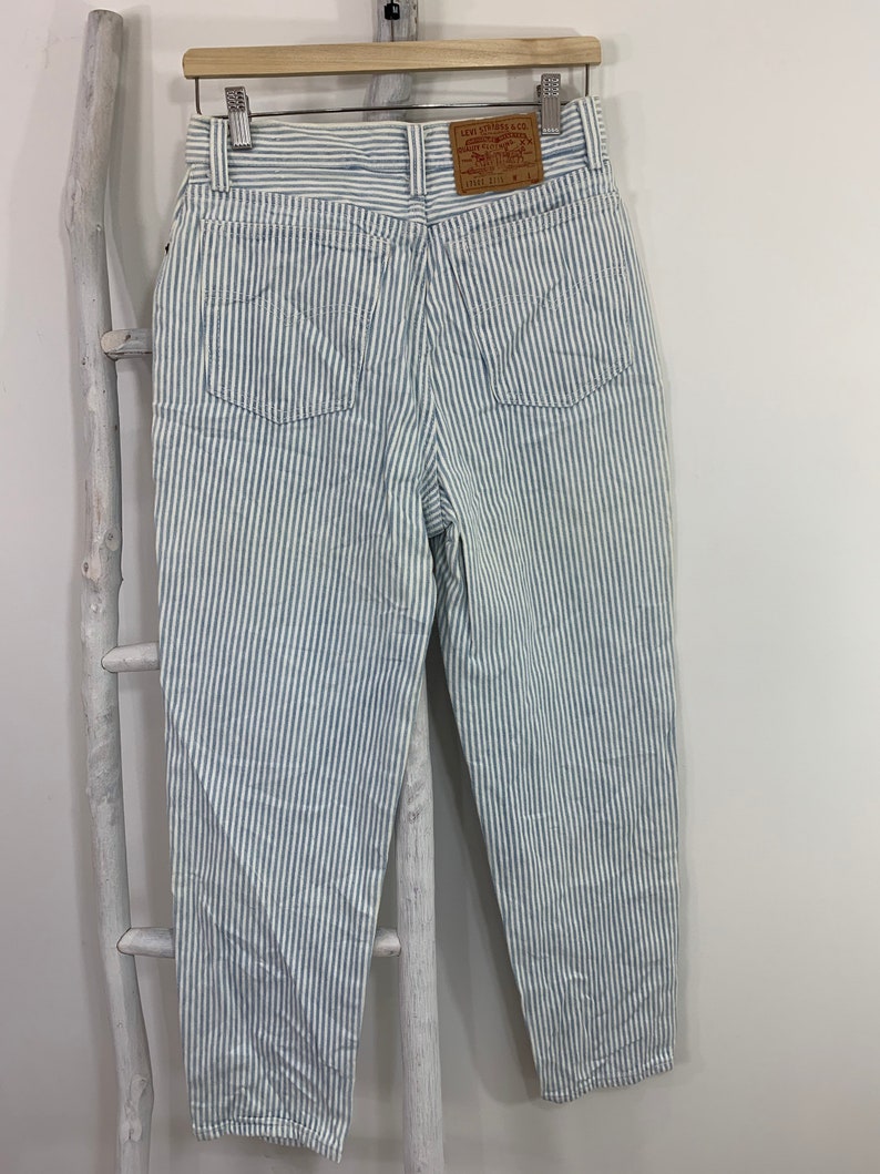 Vintage 1980s Levis 501 Button Fly Engineer Stripe Jeans Levis 17501 Striped Denim Five Pocket Jeans High Waist Railroad Stripe Made USA image 2