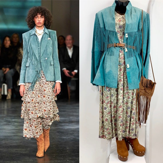 Vintage Turquoise Suede Fringe Jacket/90s King Ran