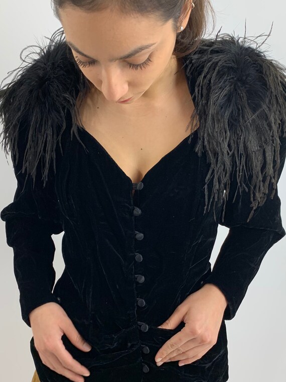 Vintage 1980s Black Ostrich Shoulder Silk Velvet J