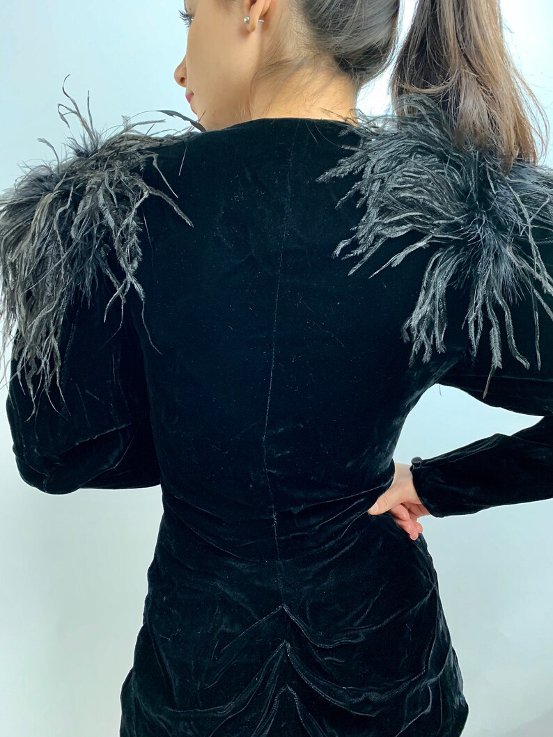 Vintage 1980s Black Ostrich Shoulder Silk Velvet JacketHoliday Black Velvet JacketEvening Velvet and Ostrich Feather JacketRuched Velvet