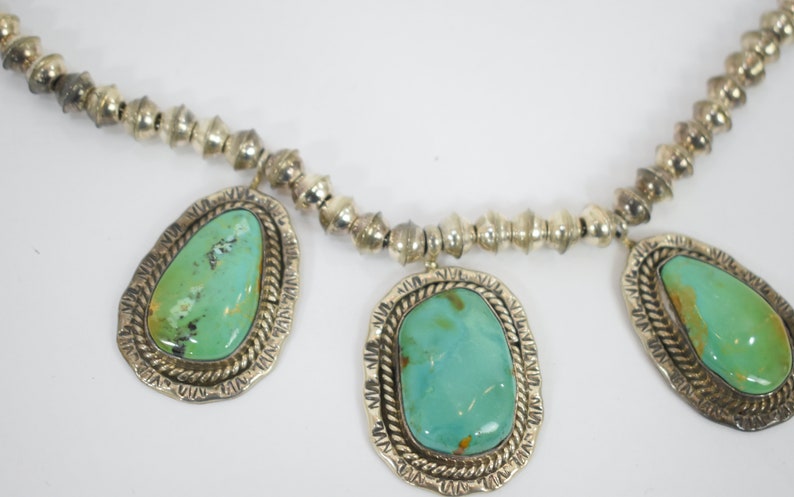 Vintage JE Sterling Silver Turquoise Three Pendant Cabochon Statement Necklace