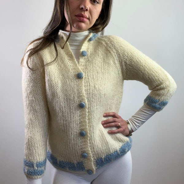 Vintage 1950s Hand Knit Mohair Wool Cardigan Sweater Blue & White Lansing Knitwear