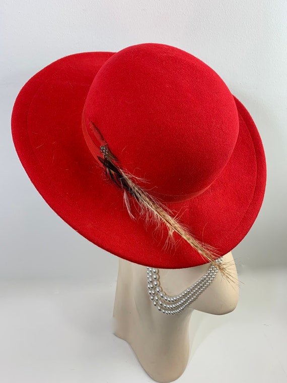 Vintage Red Betmar Wool Felt Hat with Plume Feathe