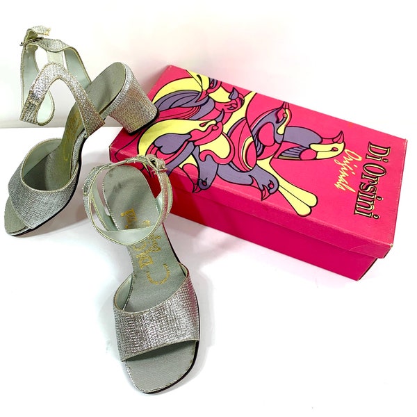 Vintage 1960s D Orsini Silver Lame Ankle Strap 70s Mod Chunky Heel Evening Shoe