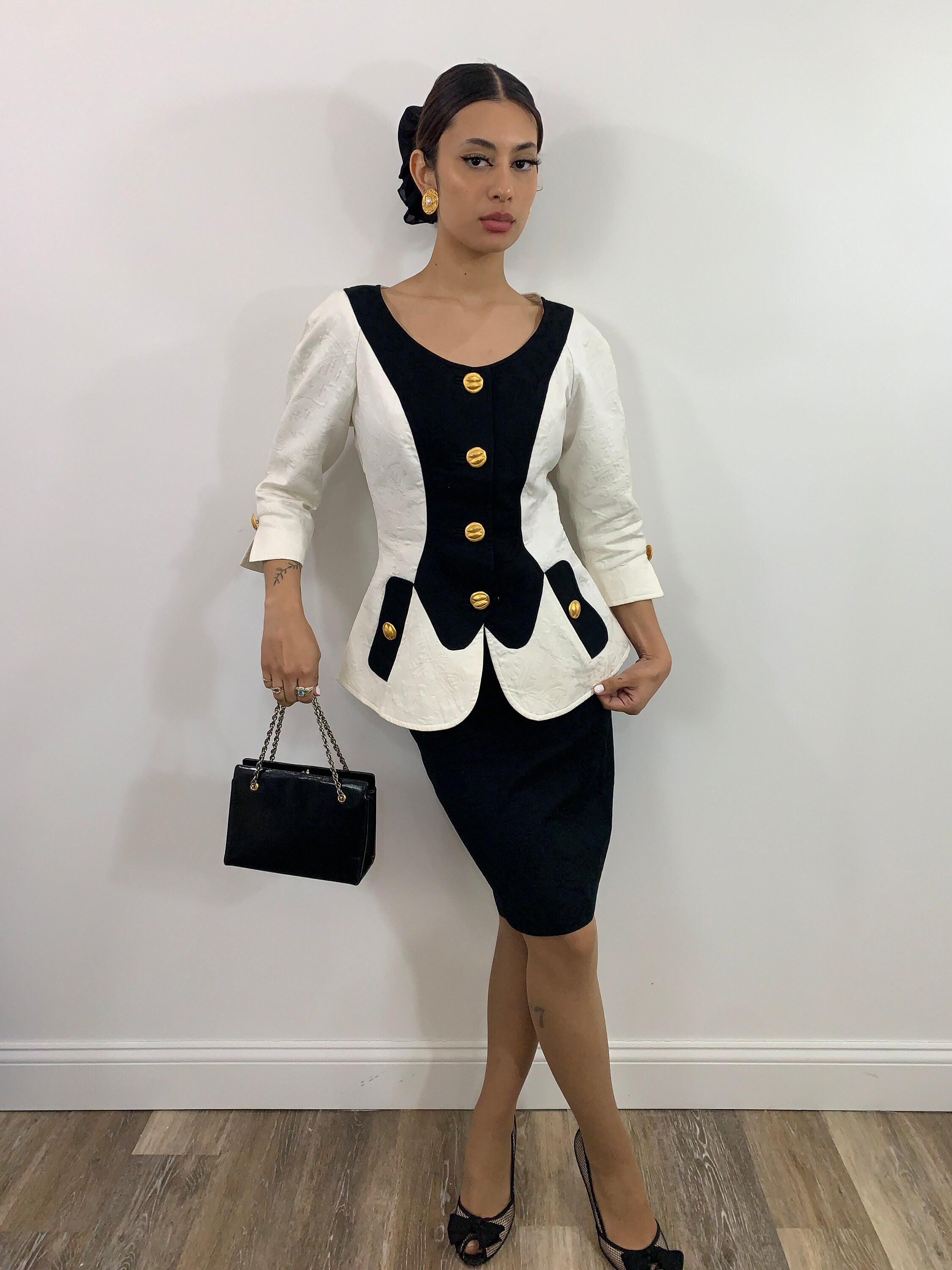 Christian Lacroix Black White Matelasse Skirt Suit 1980's - Etsy