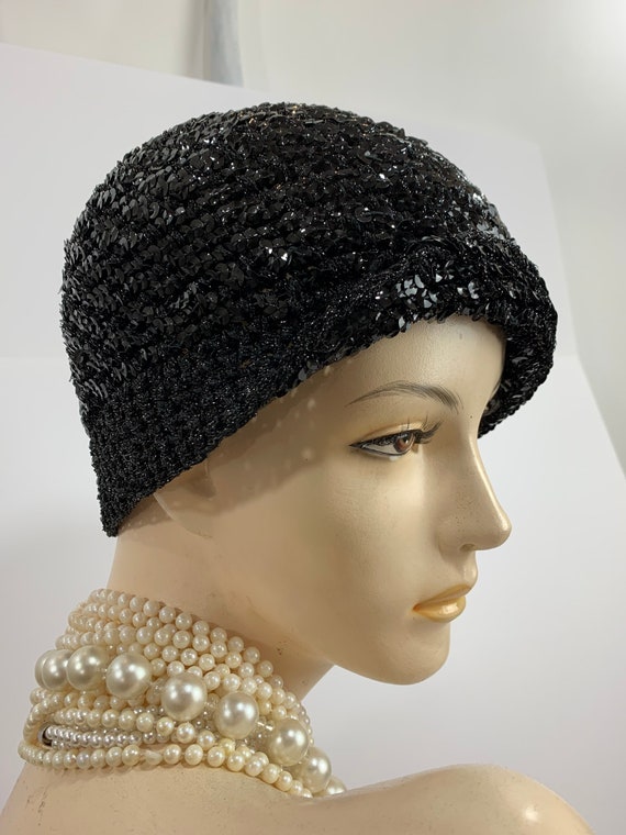 Vintage 1970s Black Lurex Halston Cloche Hat Retro