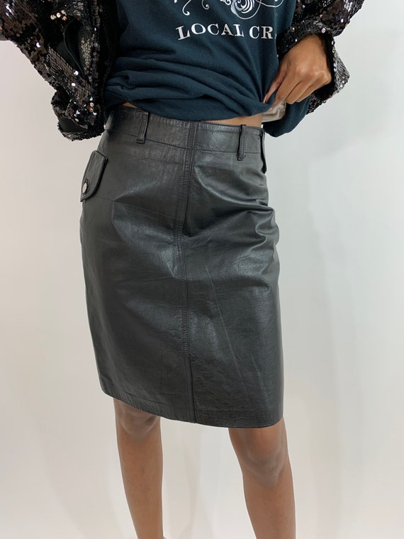 Vintage 80s Black Leather Pencil Skirt/Black Leath