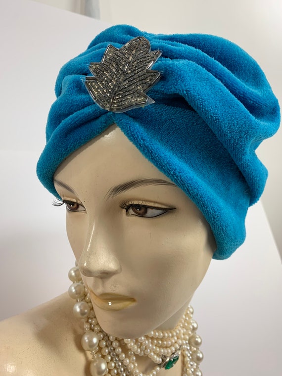Vintage 40's Velour Knit Turban Hat Turquoise Blue