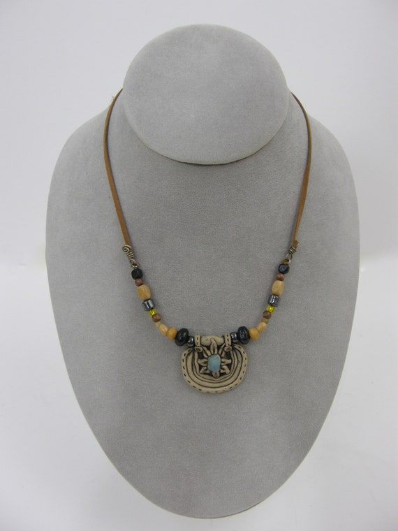 Vintage Aztec Sun Leather Choker Necklace Surfer