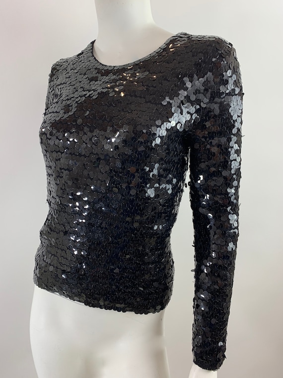 Vintage Black SequinFitted Long Sleeve Top/1970s 8