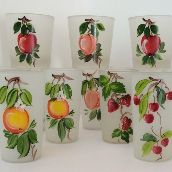 Hand Painted Vintage Gay Fad Frosted Fruit Drinking Glasses