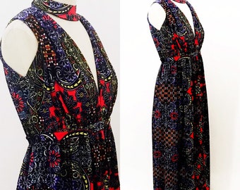 Vintage 70s Baroque Print Maxi Dress/Boho Hippie Festival Dress/Medallion Print Maxi Dress/Gypsy Print Choker Neckline Open Back Maxi Dress
