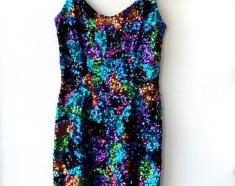 black multicolor sequin dress Women's Green/Gold Sequin Mini Dress, Iridescent, Halter Neck, Sleeveless, Bodycon, Large Noa Rawitz