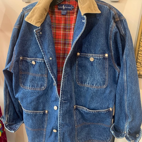 Polo Ralph Lauren Denim Chore Jacket Tartan Plaid Lining Workwear Sz. S Vintage 90’s Denim Barn Jacket