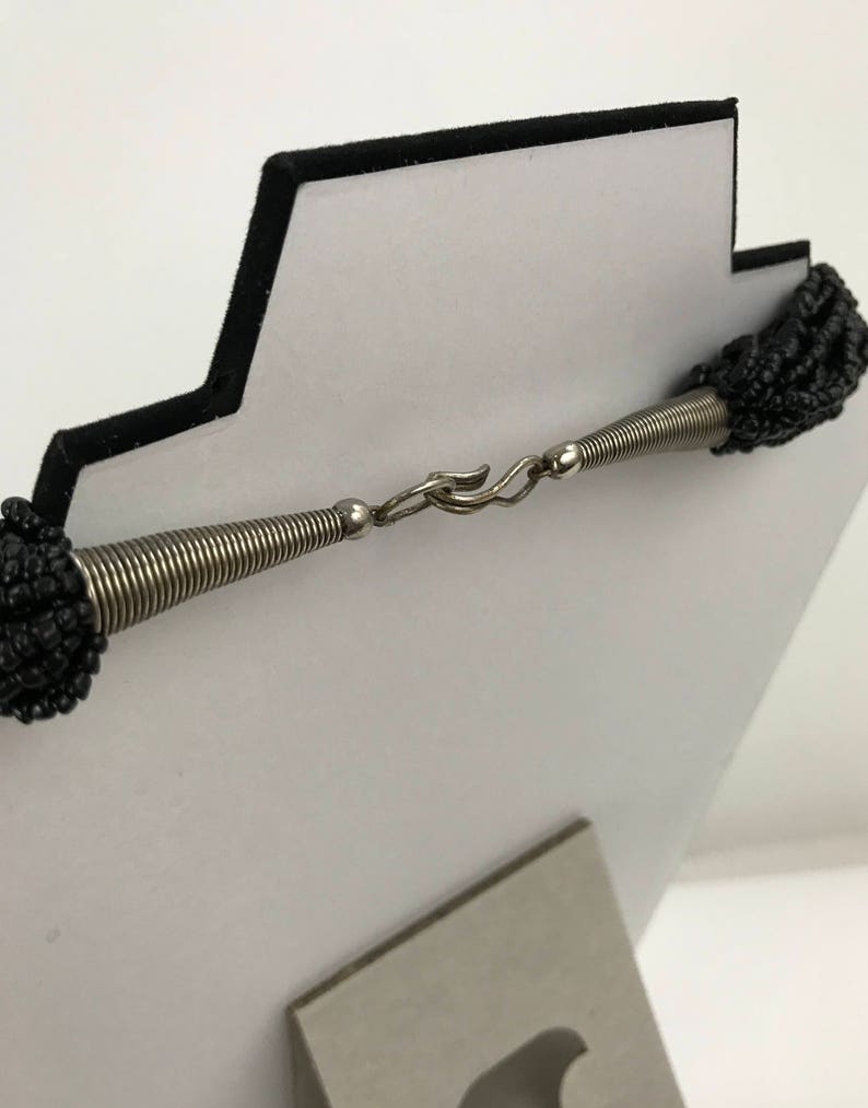 Black Twist Seed Bead and Silver Heart NecklaceMulti Strand Heart NecklaceArt Deco Torsade Necklace