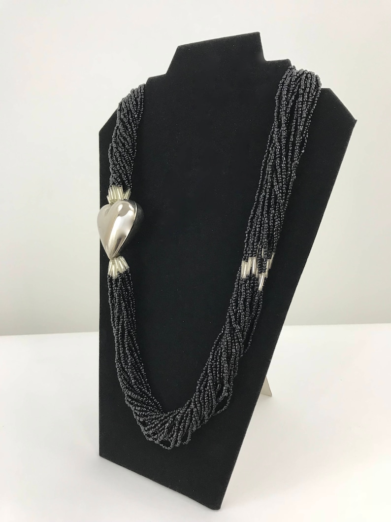 Black Twist Seed Bead and Silver Heart NecklaceMulti Strand Heart NecklaceArt Deco Torsade Necklace
