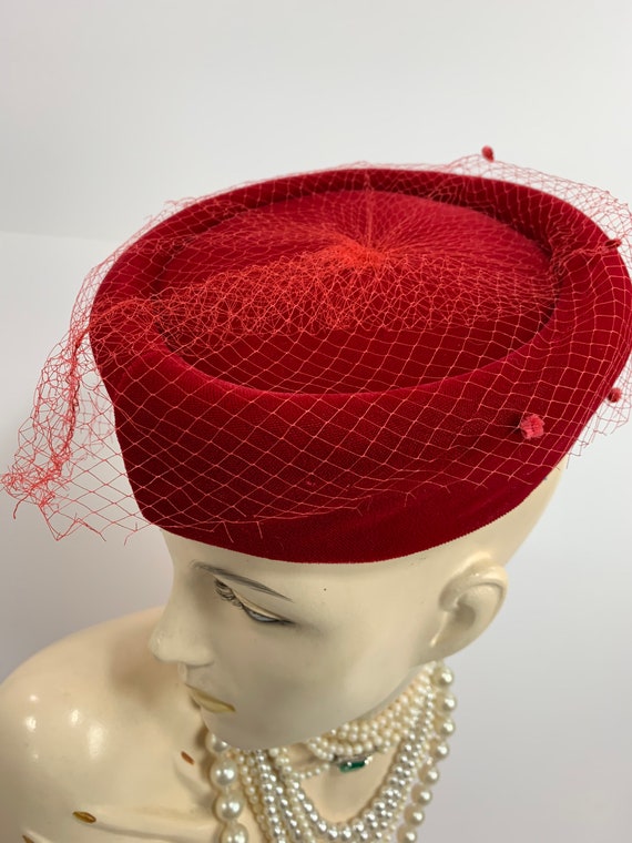 Vintage 1950s Red Velvet Hat 1960s Velvet Pill Box
