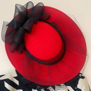 Lancaster Vintage Red Wool Felt Wide Brim Fedora Navy Grosgrain Bow USA Made Vintage LANCASTER Felt 100% Wool RED One Size Hat With  main image 3